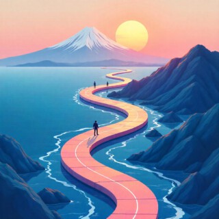Illustration einer sich windenden Straße auf dem Weg nach Japan, symbolisiert durch Mt. Fuji und eine aufgehende Sonne